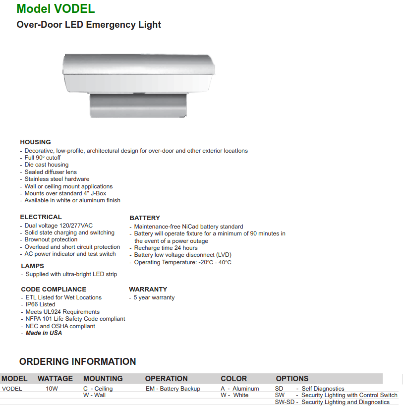 Vodel Over Door L E D Emergency Light Decorative Low Profile Description